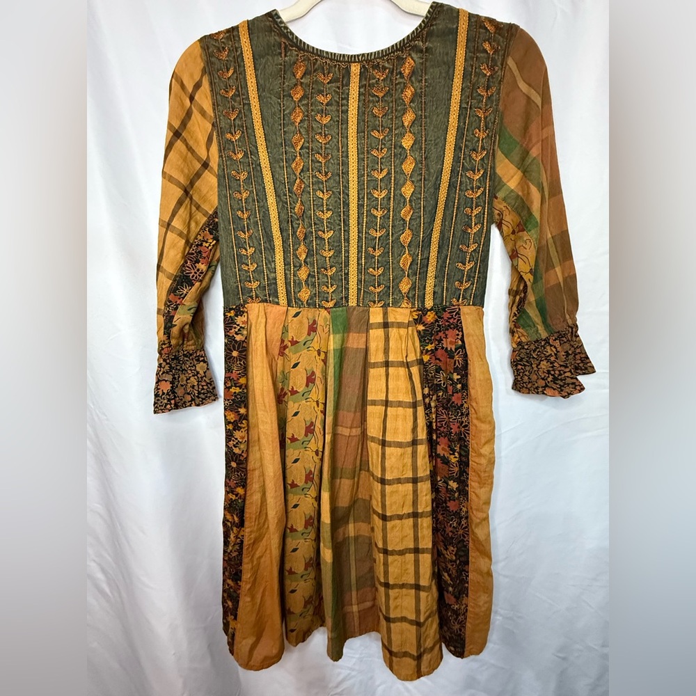 Boho Patchwork Midi Dress in Mustard and Olive